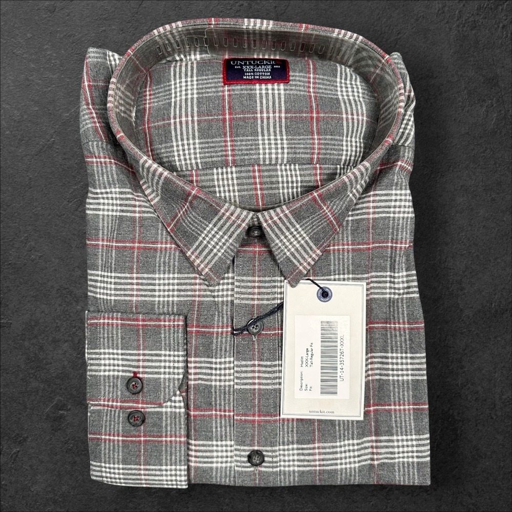 UNTUCKit Shirt Men's 3XLT Hazlitt Gray Red Plaid Long Sleeves Button Up Cotton